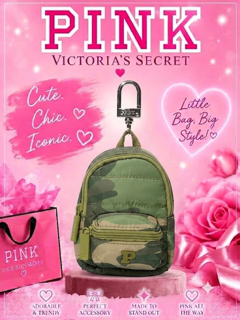Victoria's Secret PINK Mini Backpack Keychain Charm Green Camo NWT